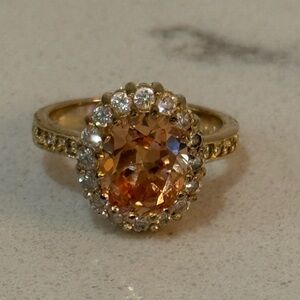 Halo‎ Ring Champagne Colored CZ  Gold Plated Over Sterling Silver 5.75